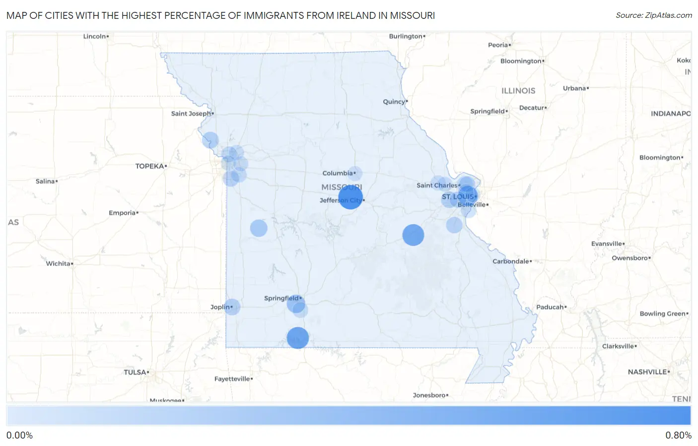 Cities with the Highest Percentage of Immigrants from Ireland in Missouri Map