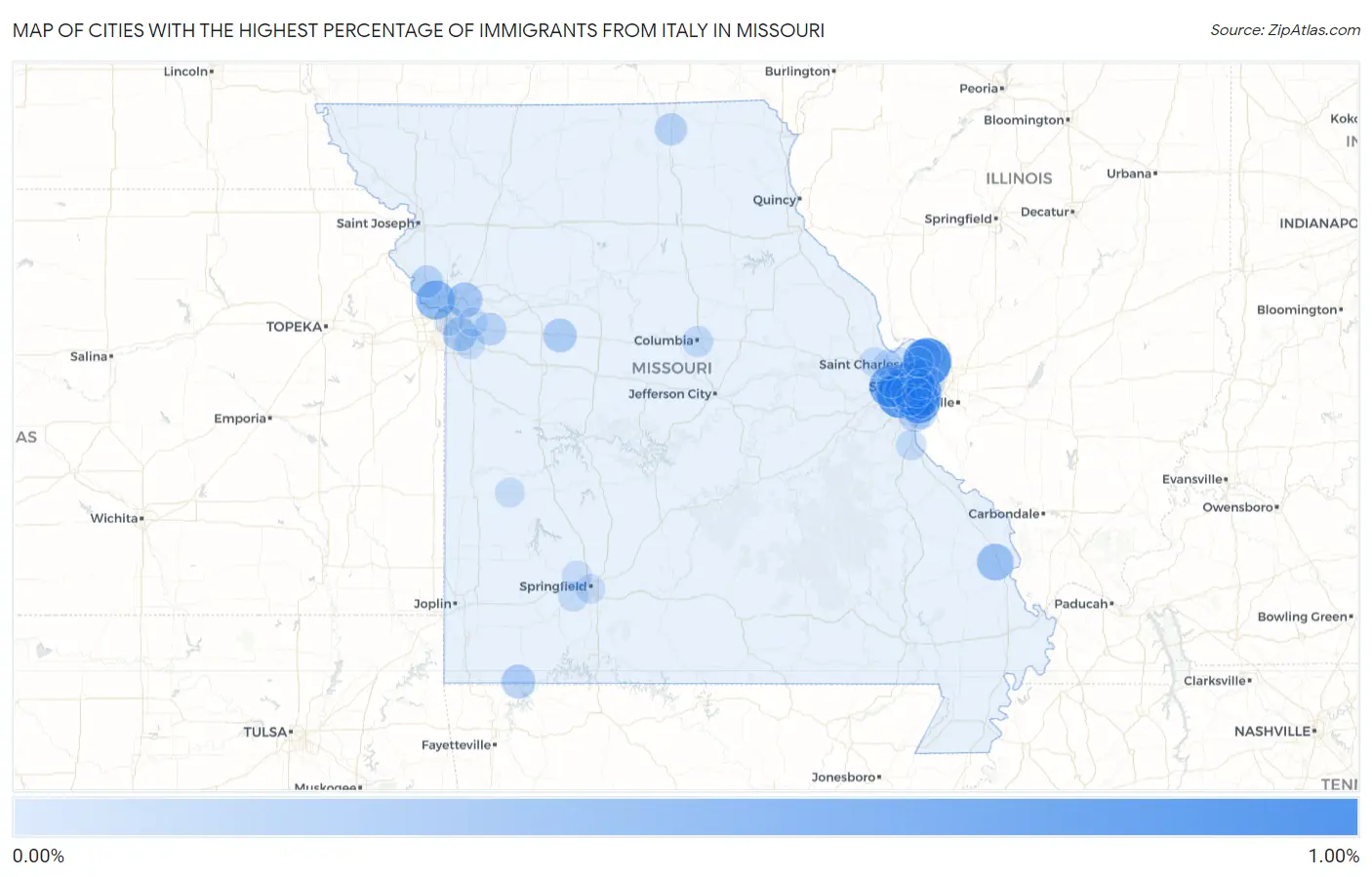 Cities with the Highest Percentage of Immigrants from Italy in Missouri Map