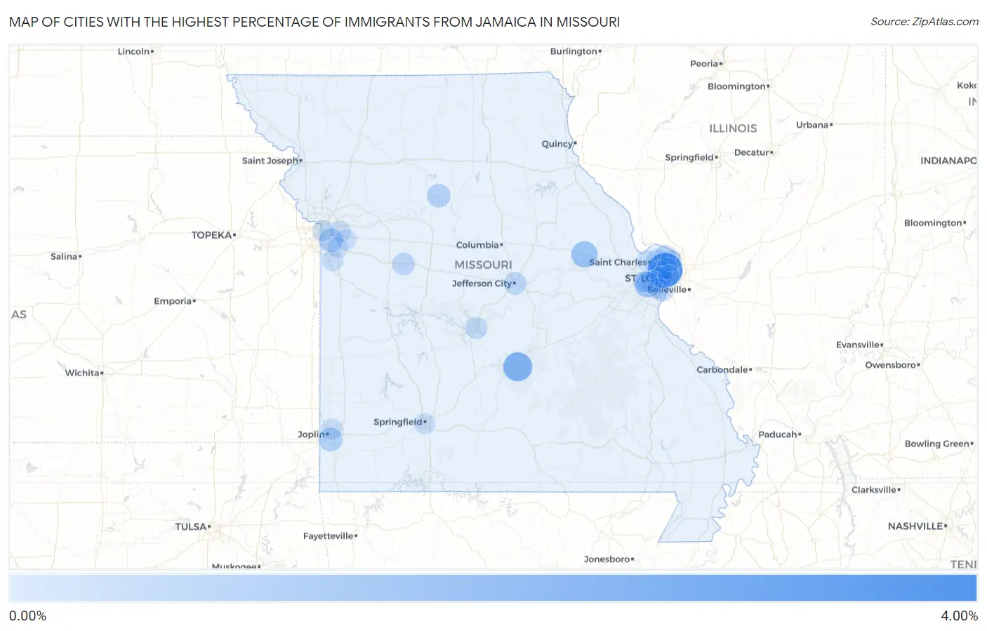Cities with the Highest Percentage of Immigrants from Jamaica in Missouri Map