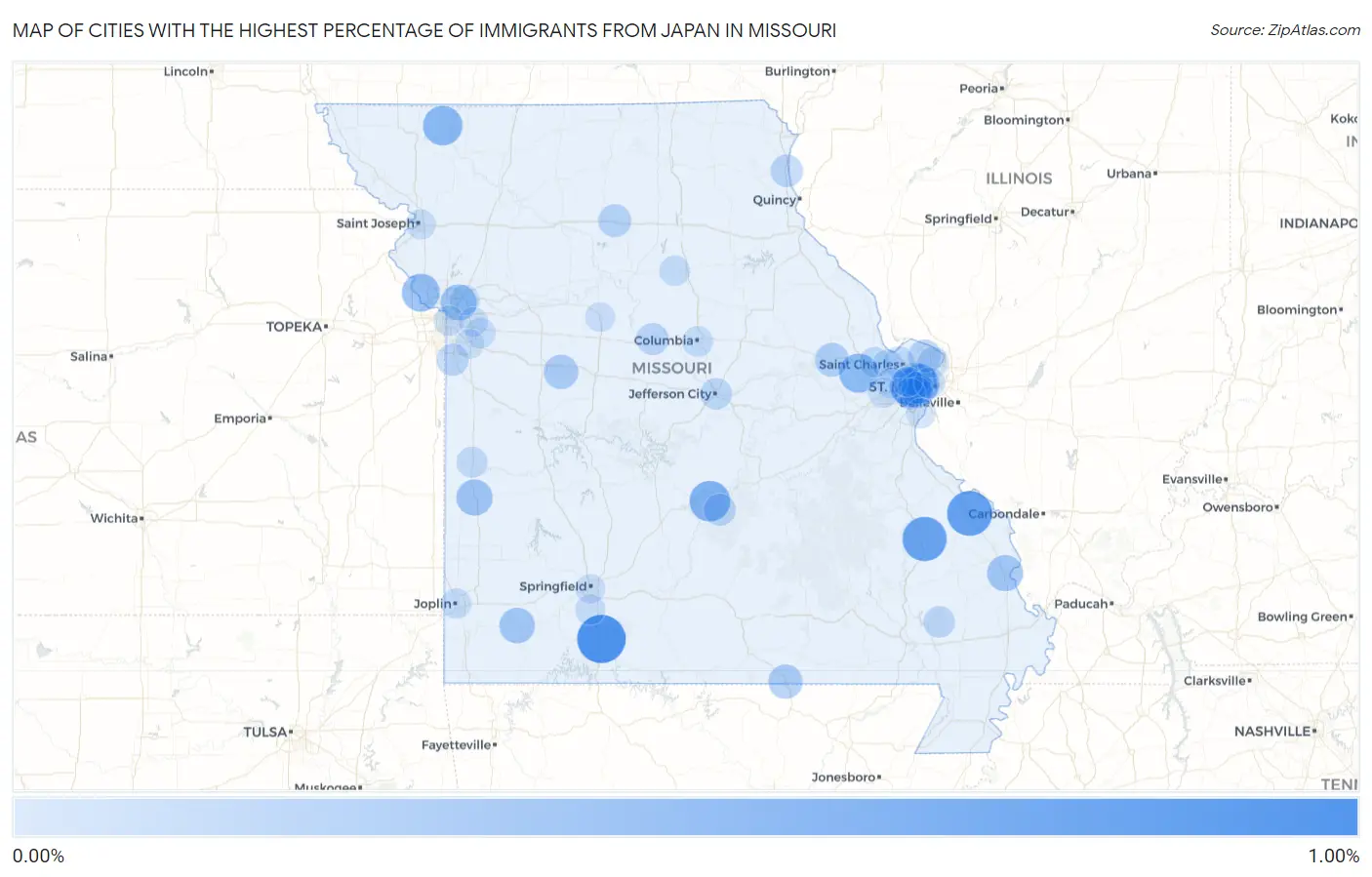 Cities with the Highest Percentage of Immigrants from Japan in Missouri Map