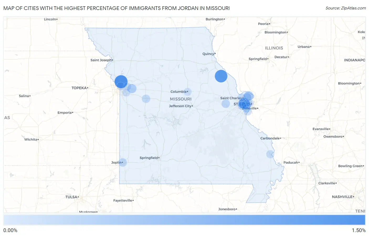 Cities with the Highest Percentage of Immigrants from Jordan in Missouri Map