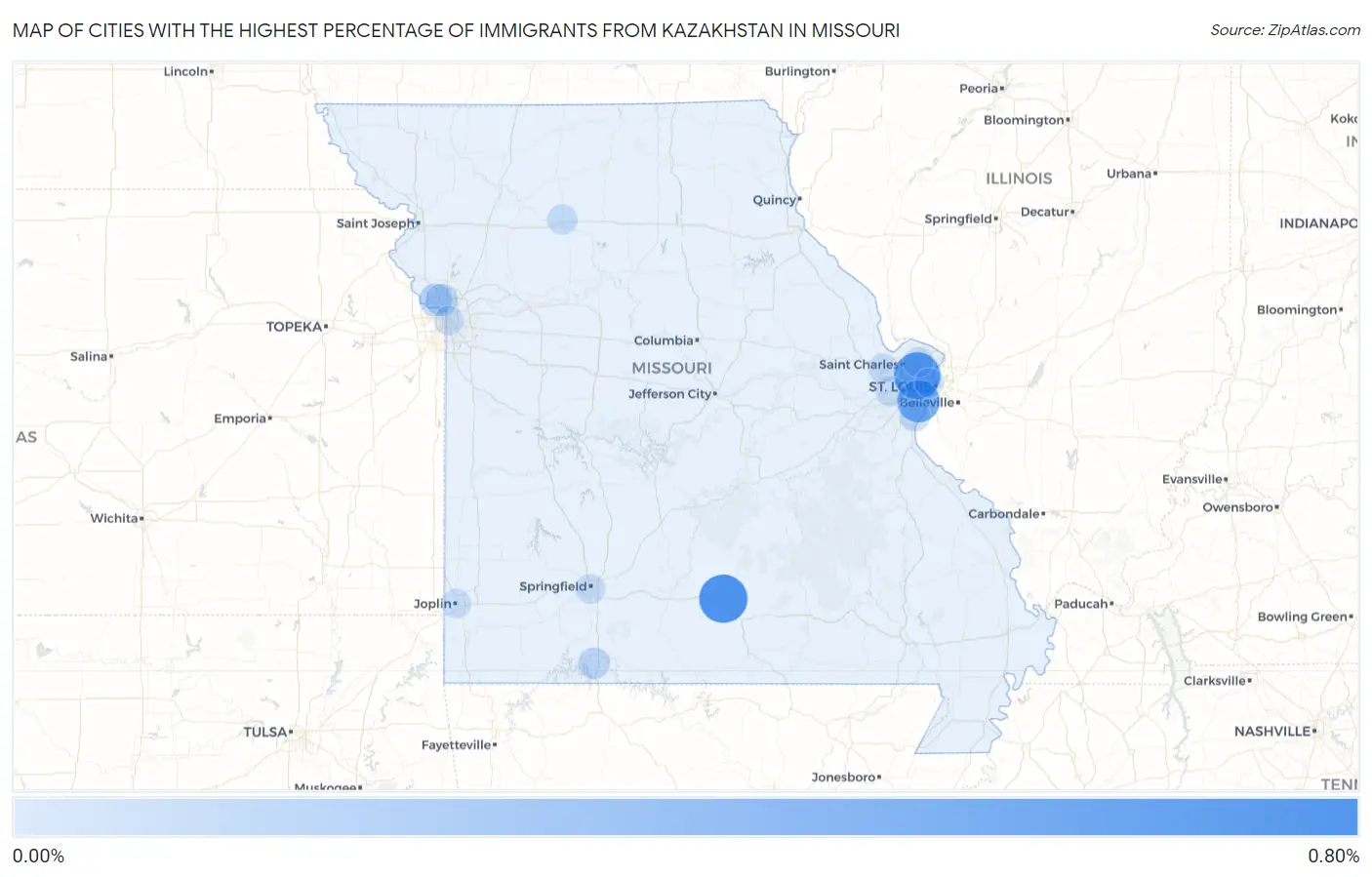 Cities with the Highest Percentage of Immigrants from Kazakhstan in Missouri Map