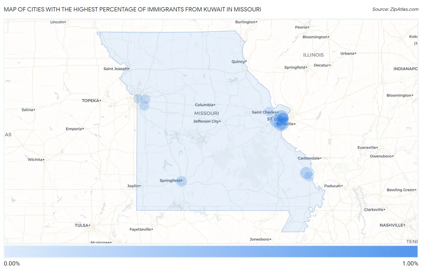 Cities with the Highest Percentage of Immigrants from Kuwait in Missouri Map