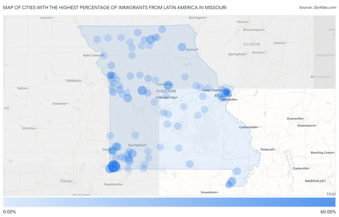 Cities with the Highest Percentage of Immigrants from Latin America in Missouri Map