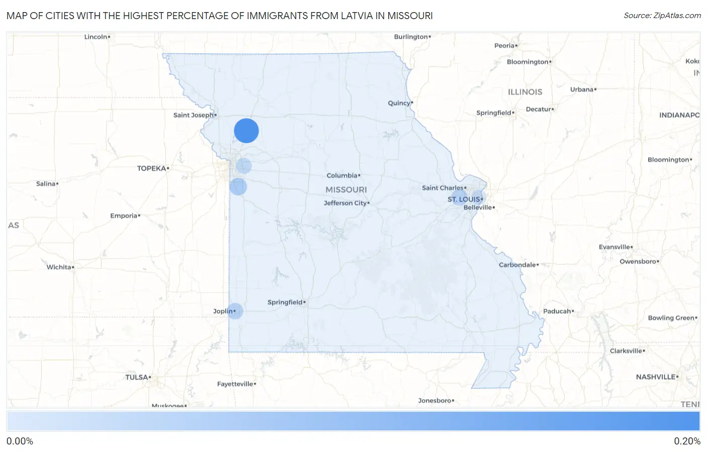 Cities with the Highest Percentage of Immigrants from Latvia in Missouri Map
