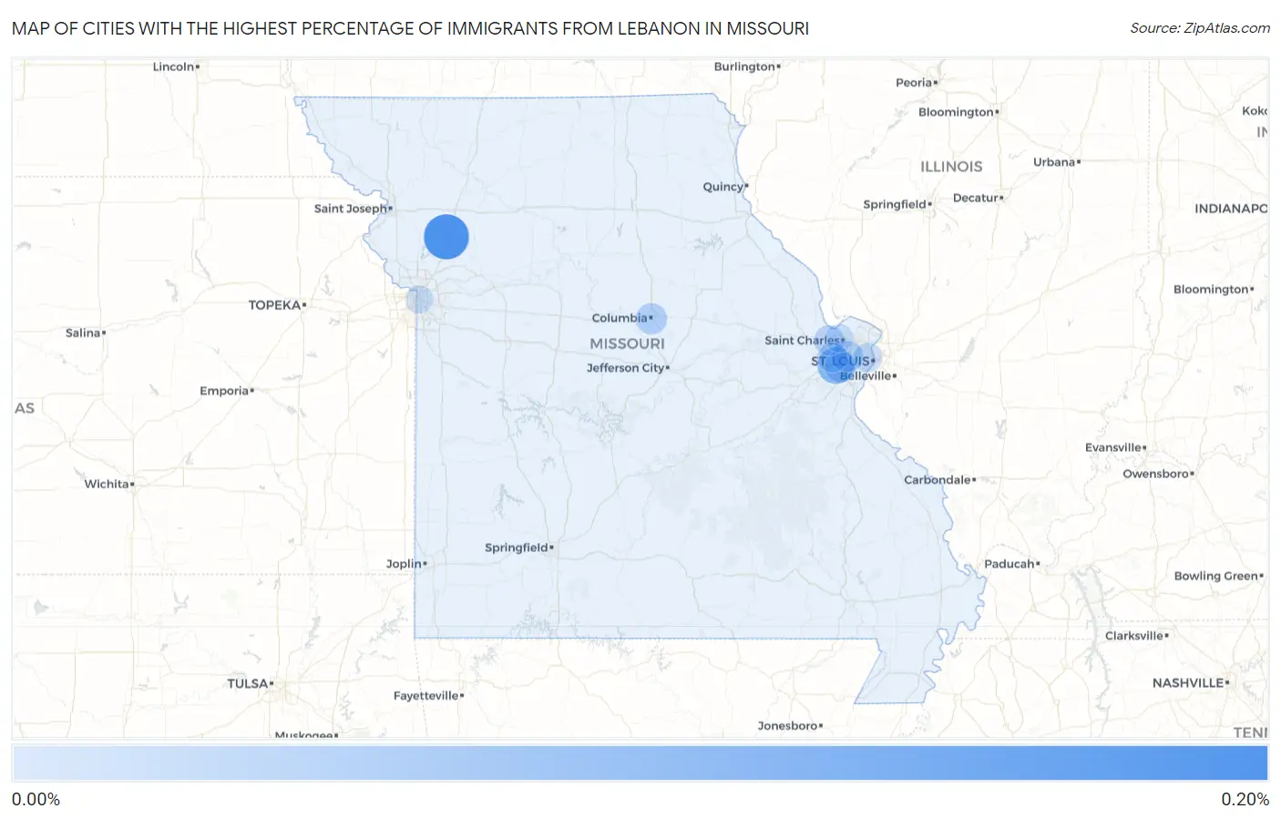 Cities with the Highest Percentage of Immigrants from Lebanon in Missouri Map