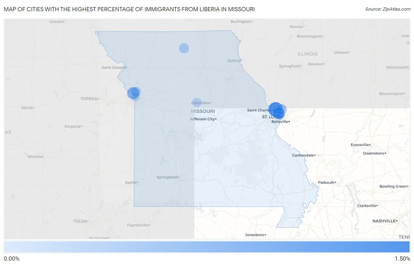 Cities with the Highest Percentage of Immigrants from Liberia in Missouri Map