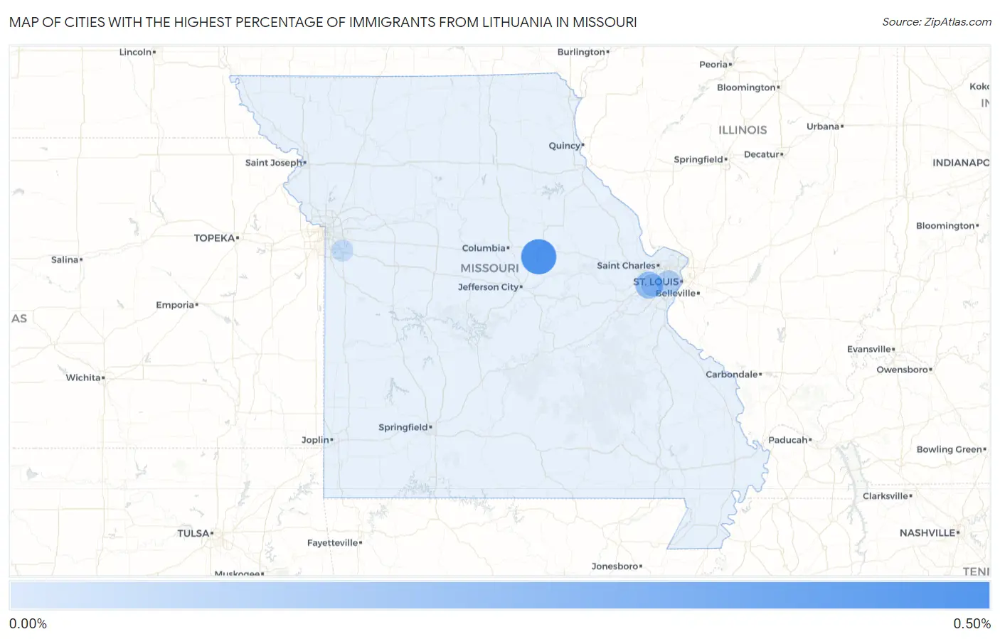 Cities with the Highest Percentage of Immigrants from Lithuania in Missouri Map