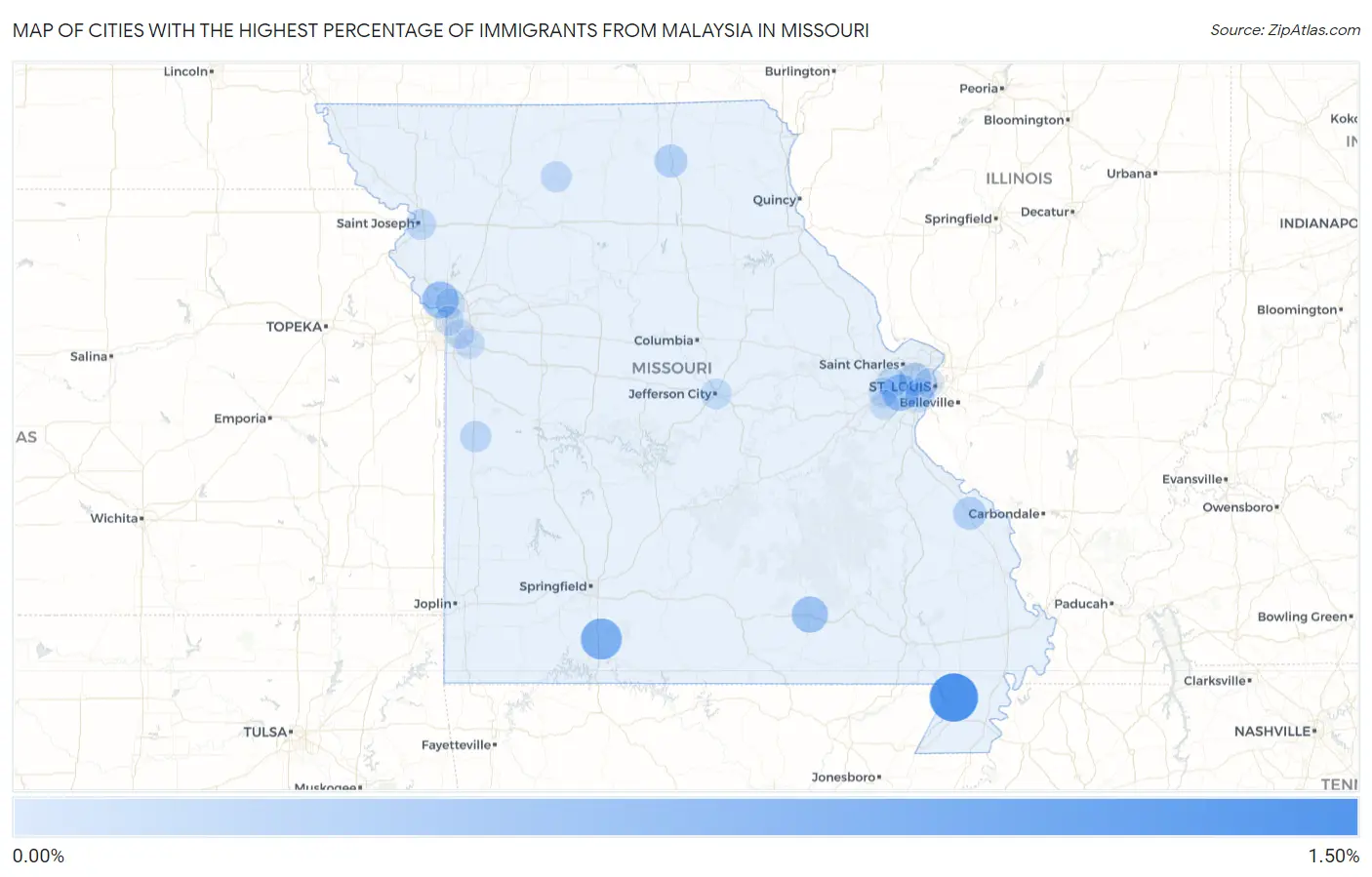 Cities with the Highest Percentage of Immigrants from Malaysia in Missouri Map