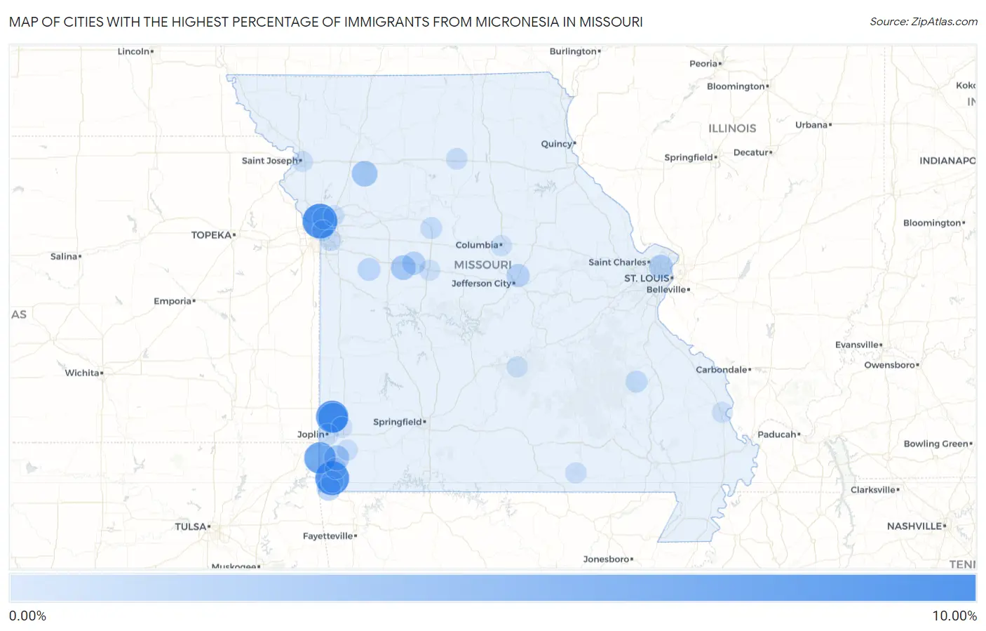 Cities with the Highest Percentage of Immigrants from Micronesia in Missouri Map