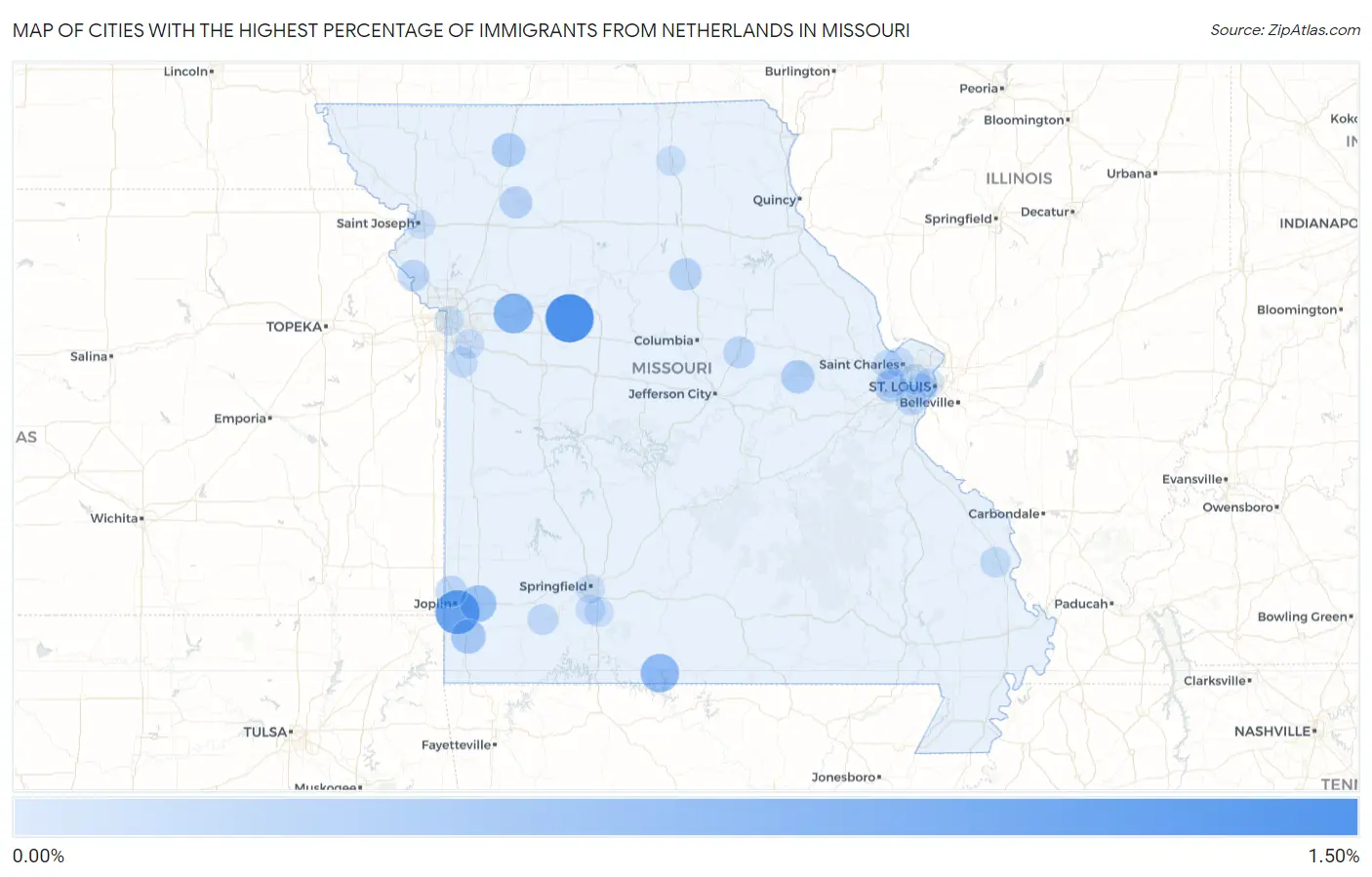 Cities with the Highest Percentage of Immigrants from Netherlands in Missouri Map