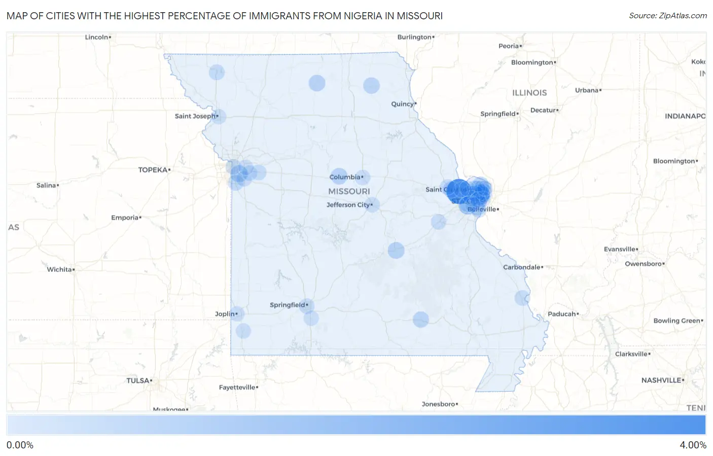 Cities with the Highest Percentage of Immigrants from Nigeria in Missouri Map