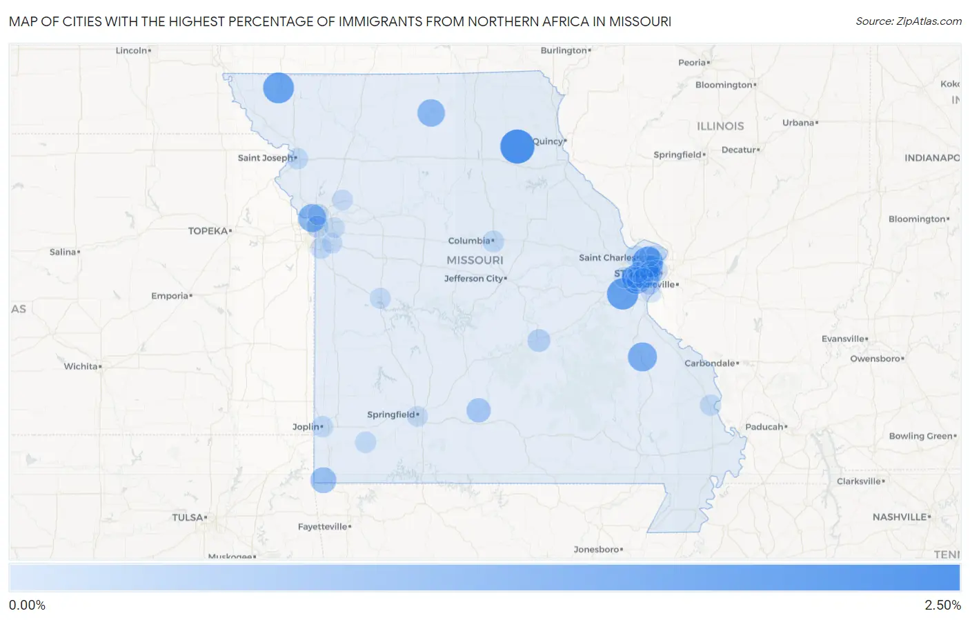 Cities with the Highest Percentage of Immigrants from Northern Africa in Missouri Map