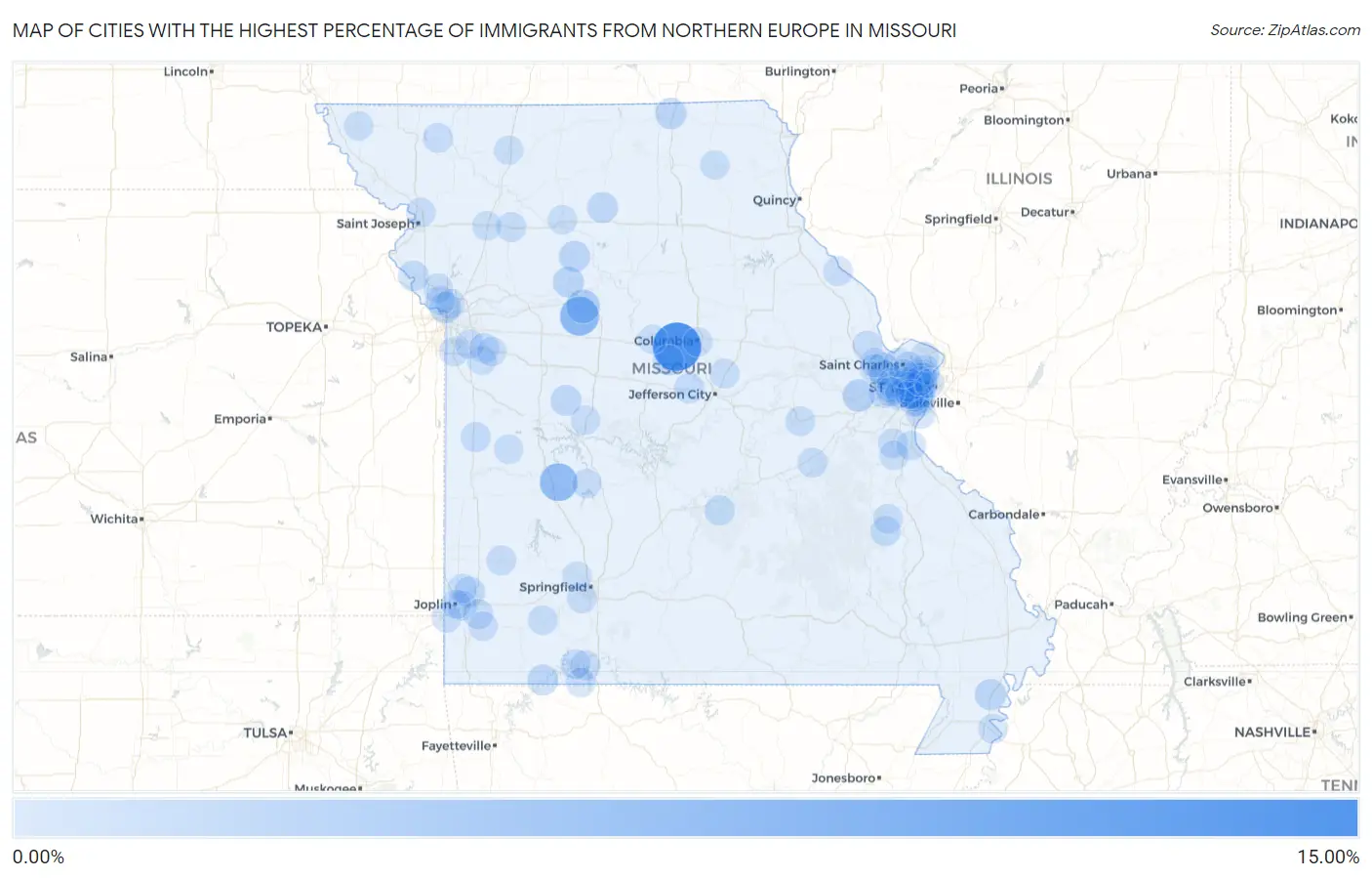 Cities with the Highest Percentage of Immigrants from Northern Europe in Missouri Map