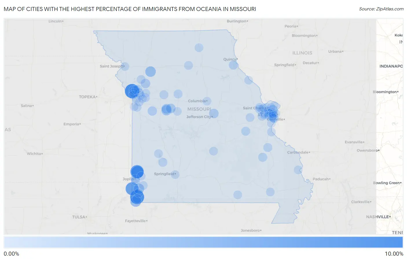 Cities with the Highest Percentage of Immigrants from Oceania in Missouri Map
