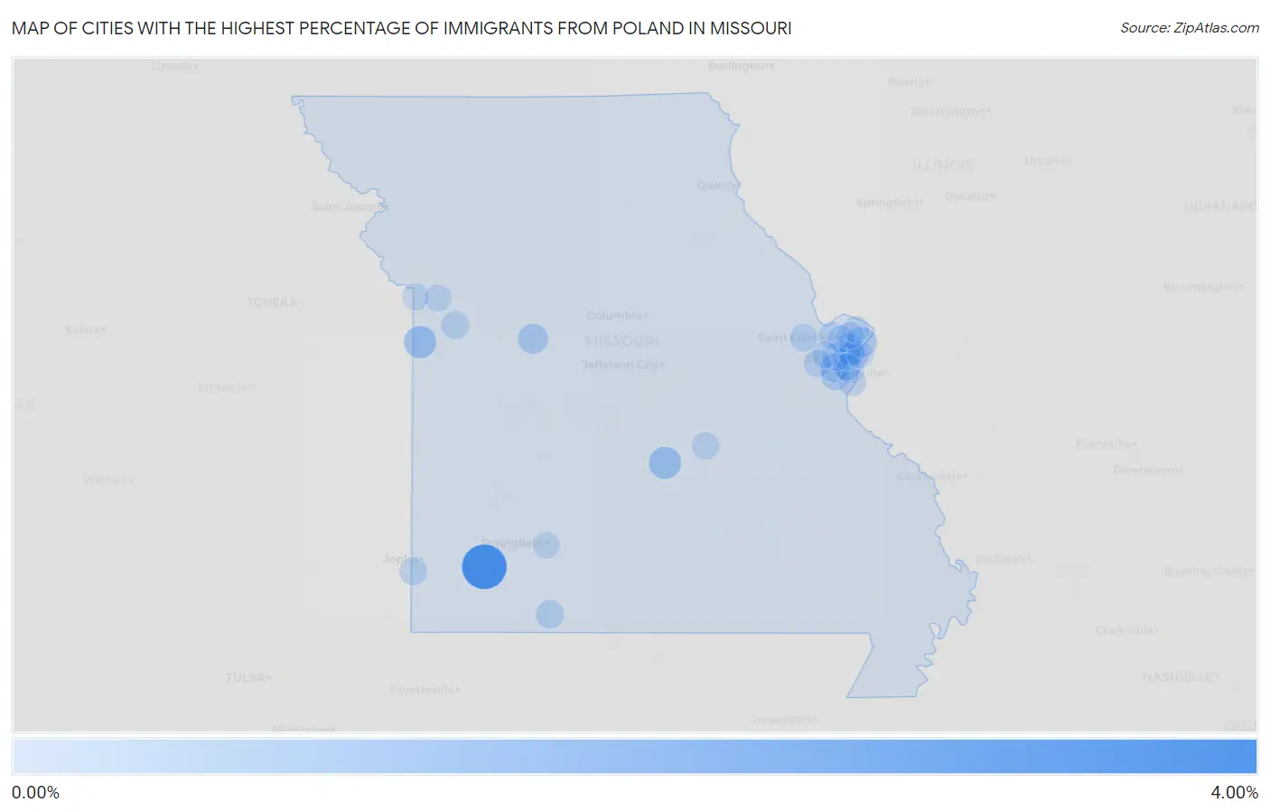 Cities with the Highest Percentage of Immigrants from Poland in Missouri Map