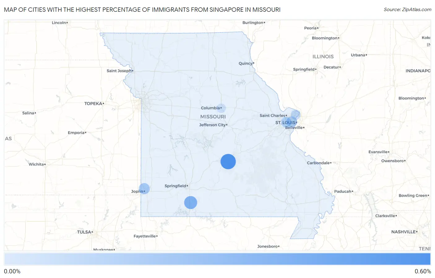 Cities with the Highest Percentage of Immigrants from Singapore in Missouri Map