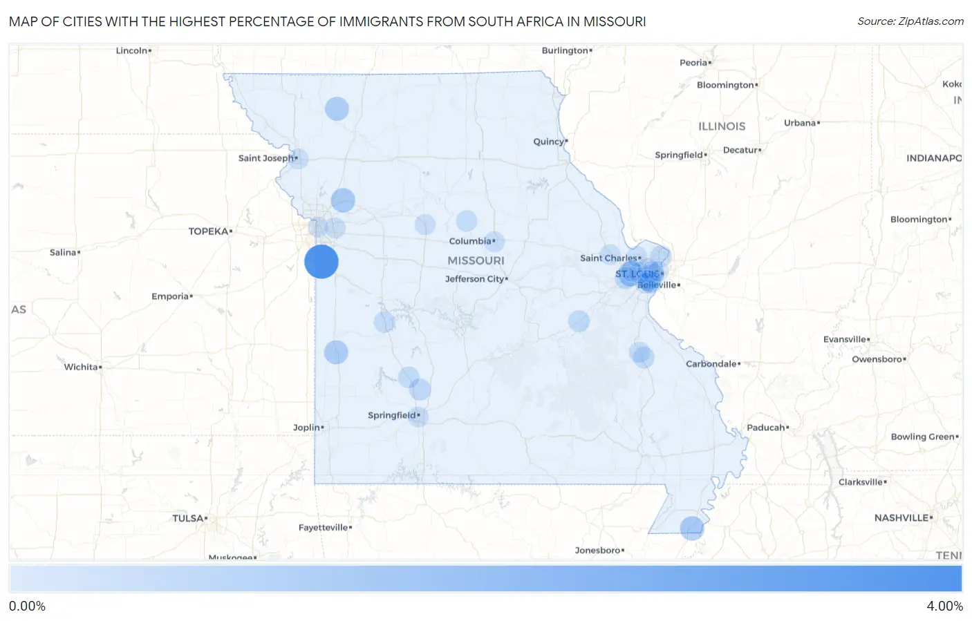 Cities with the Highest Percentage of Immigrants from South Africa in Missouri Map