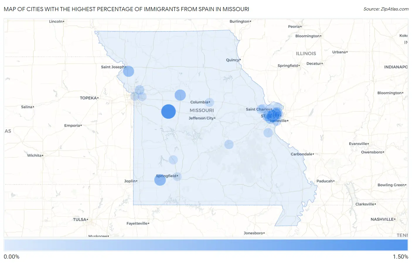 Cities with the Highest Percentage of Immigrants from Spain in Missouri Map