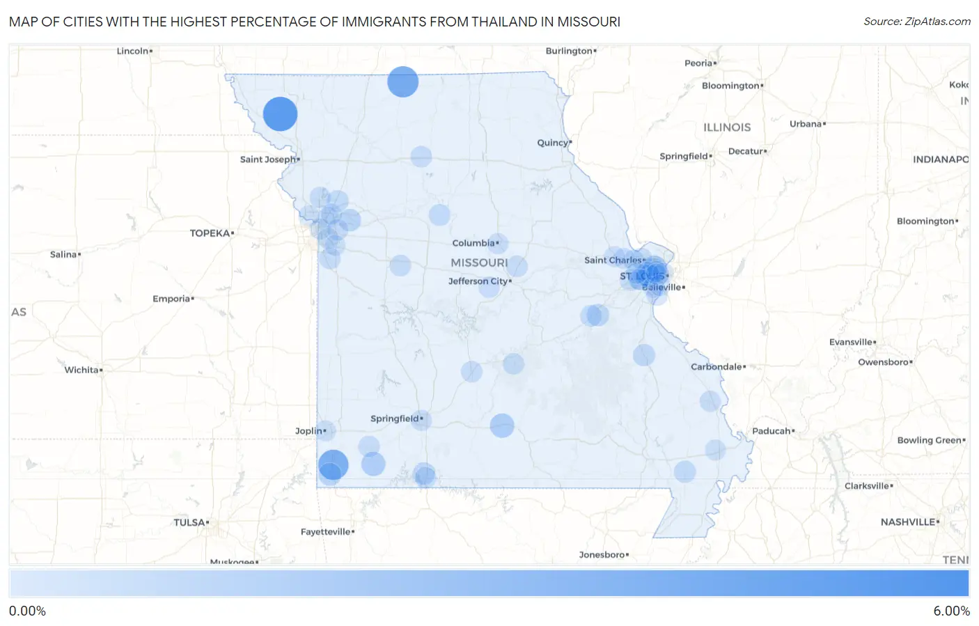 Cities with the Highest Percentage of Immigrants from Thailand in Missouri Map