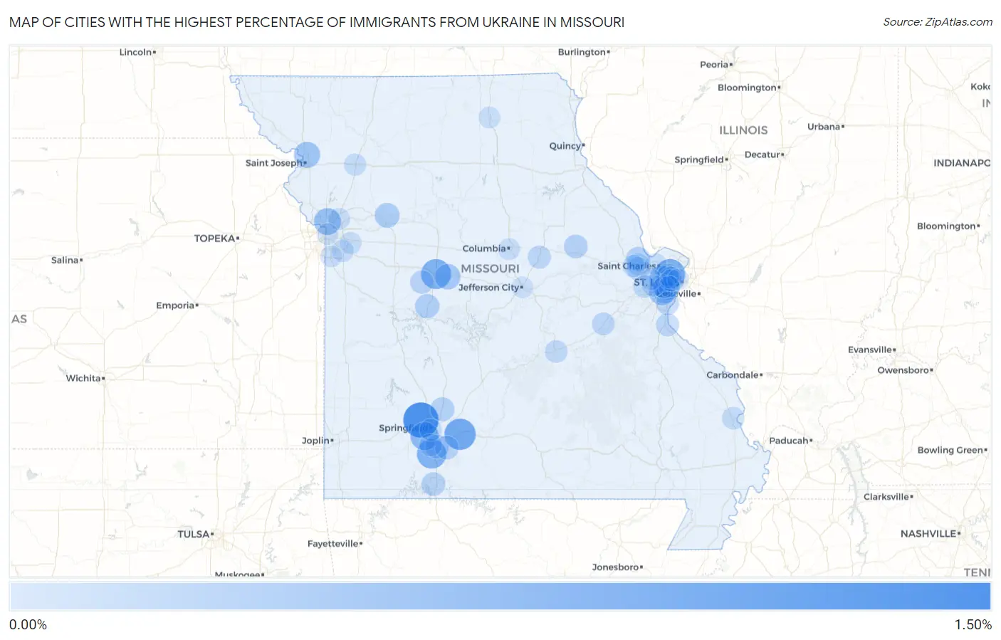 Cities with the Highest Percentage of Immigrants from Ukraine in Missouri Map