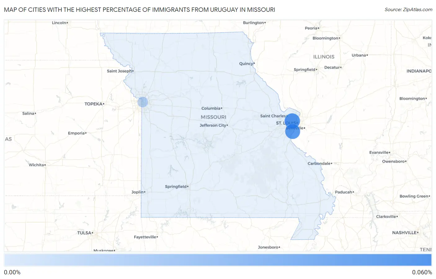 Cities with the Highest Percentage of Immigrants from Uruguay in Missouri Map