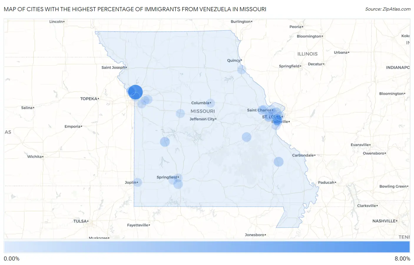 Cities with the Highest Percentage of Immigrants from Venezuela in Missouri Map