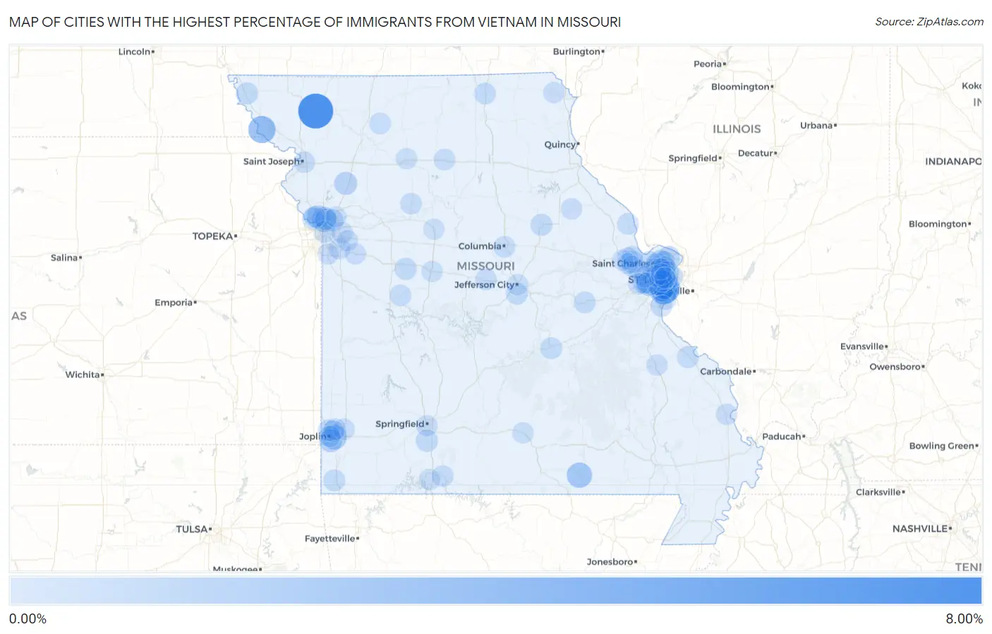 Cities with the Highest Percentage of Immigrants from Vietnam in Missouri Map