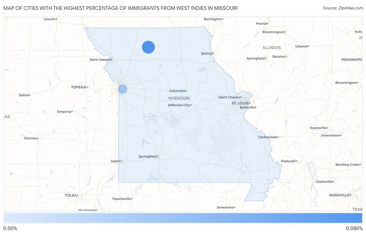 Cities with the Highest Percentage of Immigrants from West Indies in Missouri Map