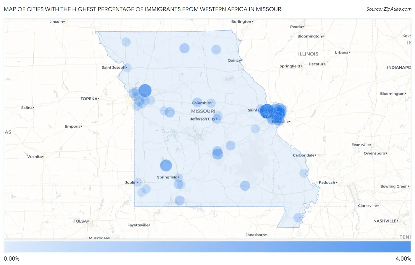 Cities with the Highest Percentage of Immigrants from Western Africa in Missouri Map