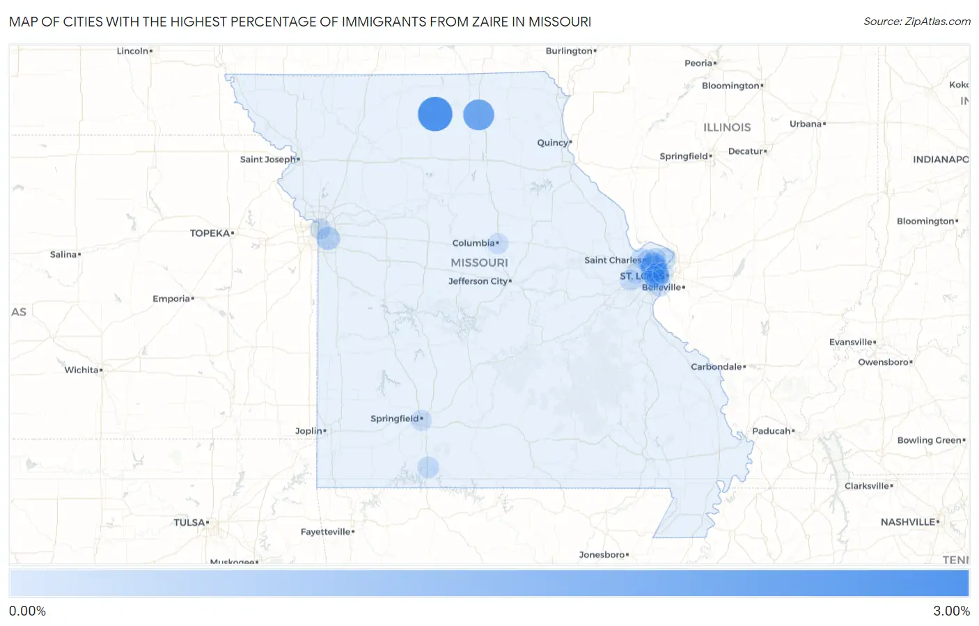 Cities with the Highest Percentage of Immigrants from Zaire in Missouri Map