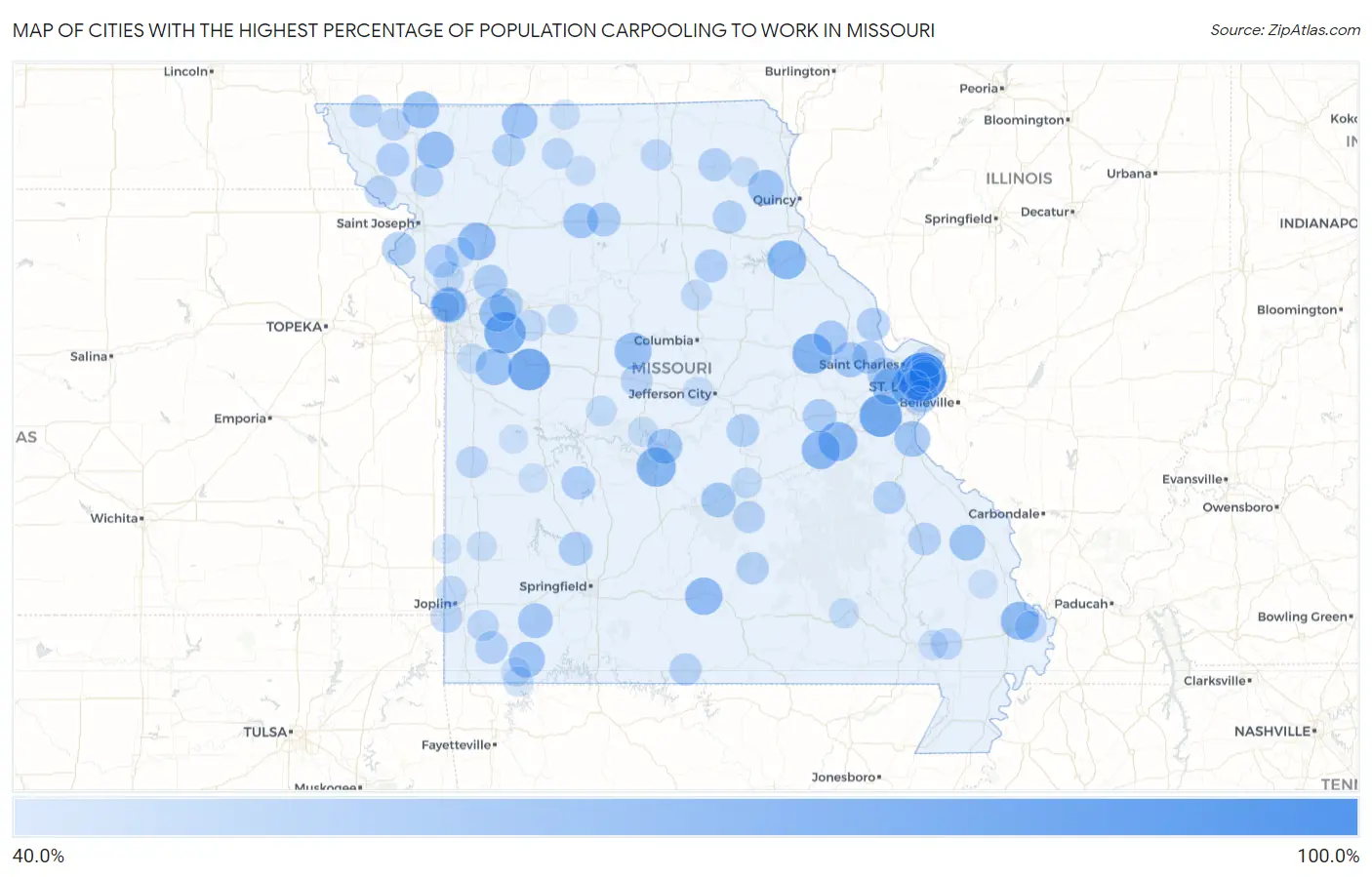 Cities with the Highest Percentage of Population Carpooling to Work in Missouri Map