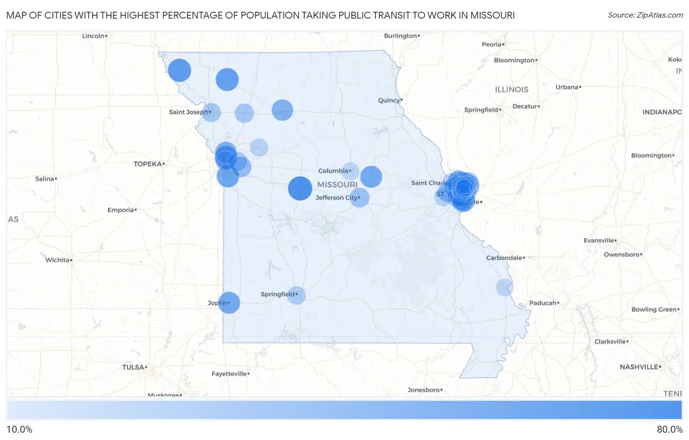 Cities with the Highest Percentage of Population Taking Public Transit to Work in Missouri Map