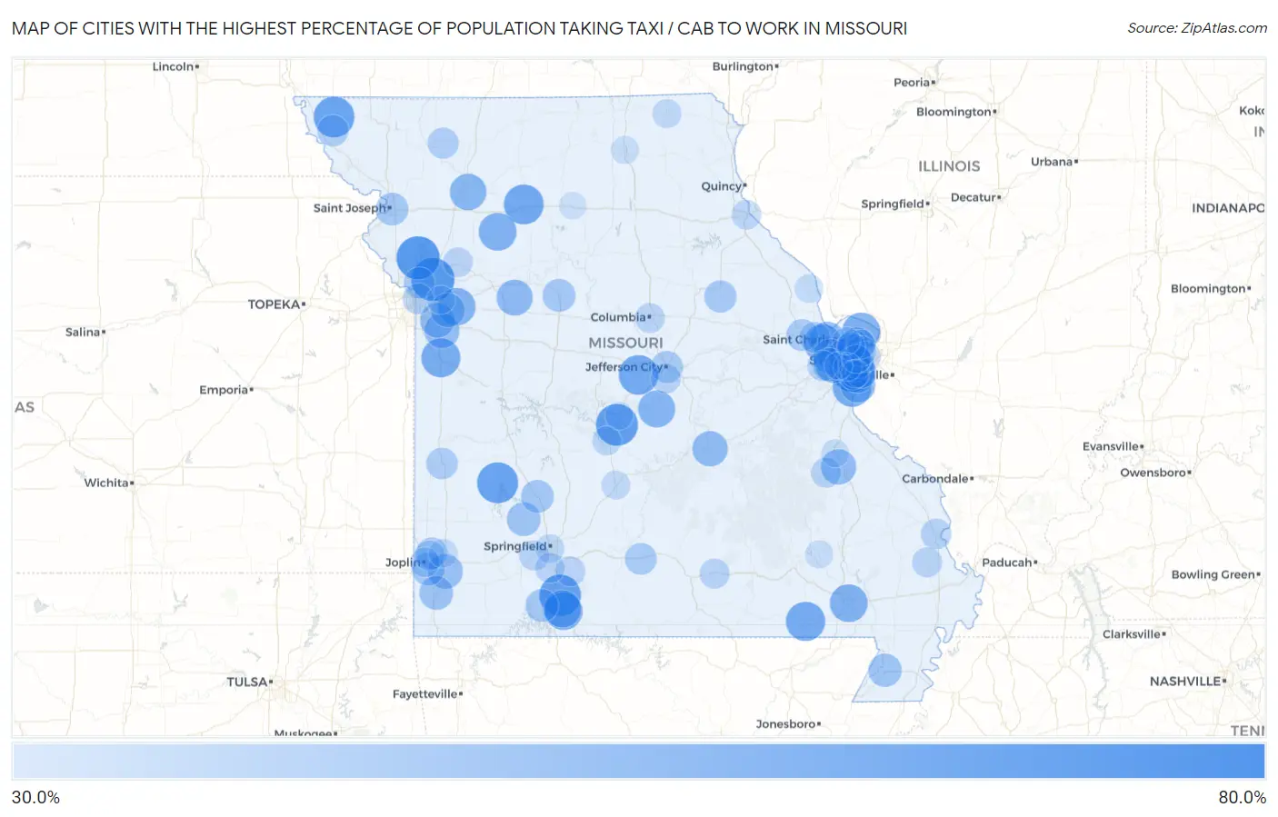 Cities with the Highest Percentage of Population Taking Taxi / Cab to Work in Missouri Map