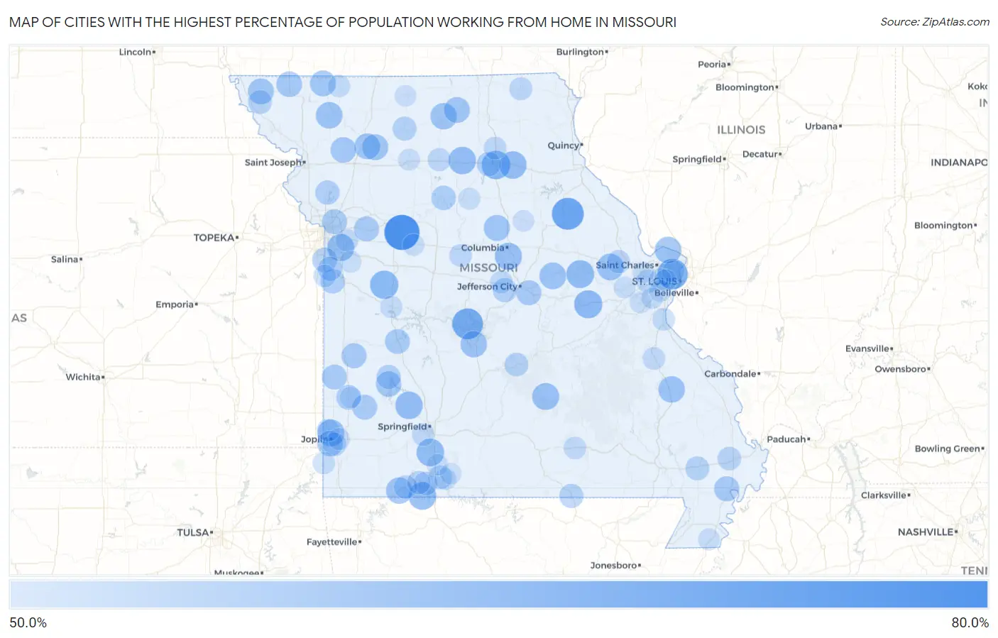 Cities with the Highest Percentage of Population Working from Home in Missouri Map