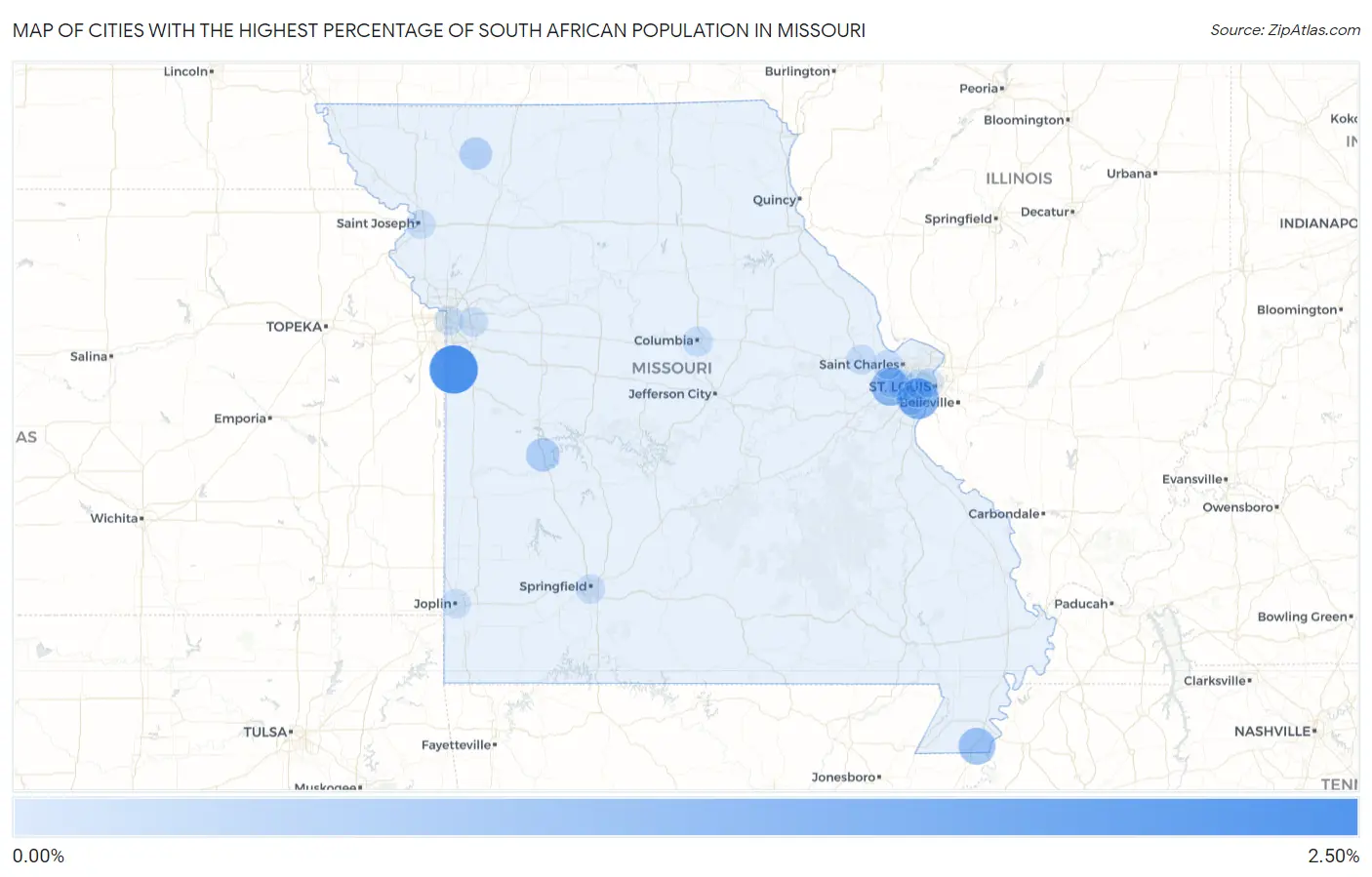 Cities with the Highest Percentage of South African Population in Missouri Map