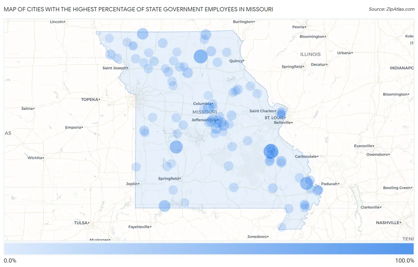 Cities with the Highest Percentage of State Government Employees in Missouri Map