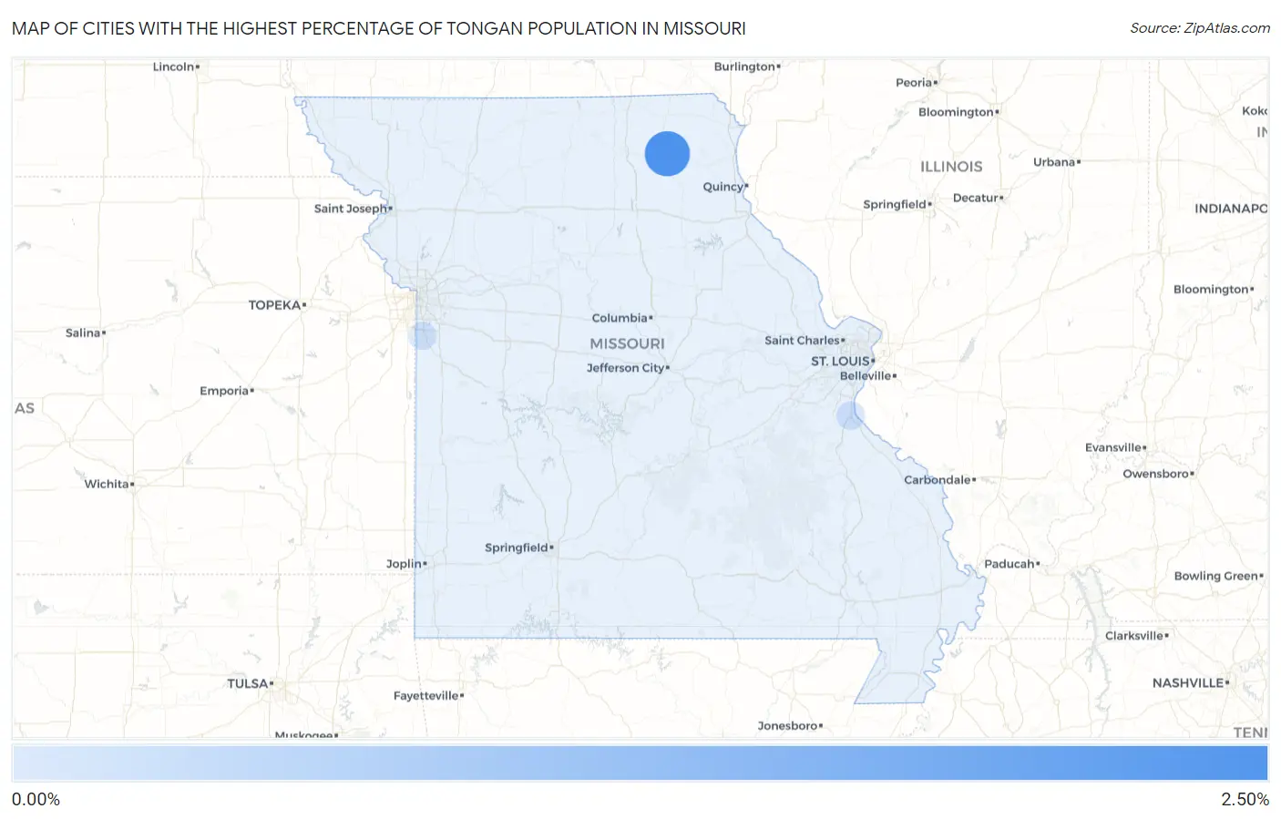 Cities with the Highest Percentage of Tongan Population in Missouri Map