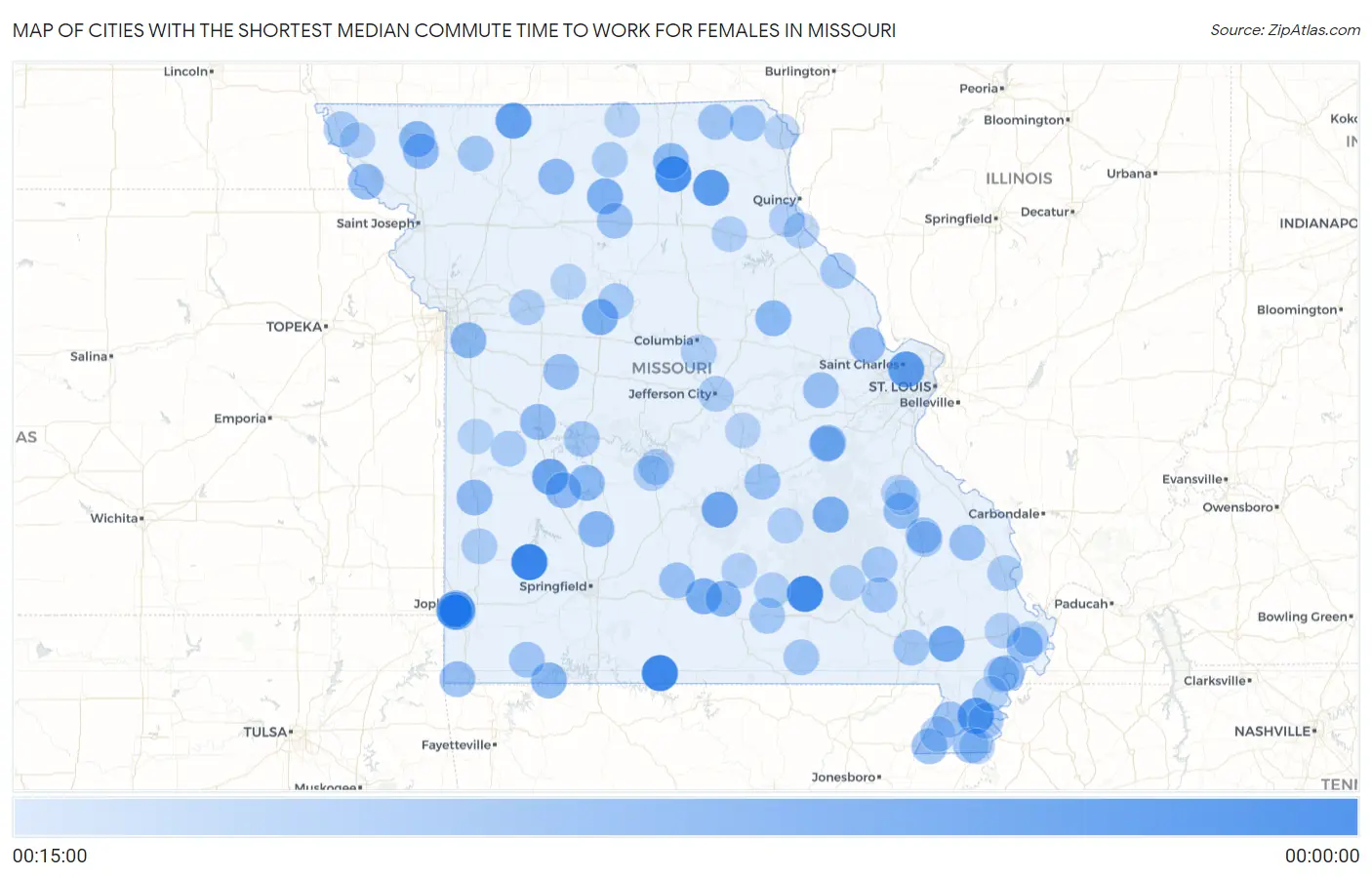 Cities with the Shortest Median Commute Time to Work for Females in Missouri Map