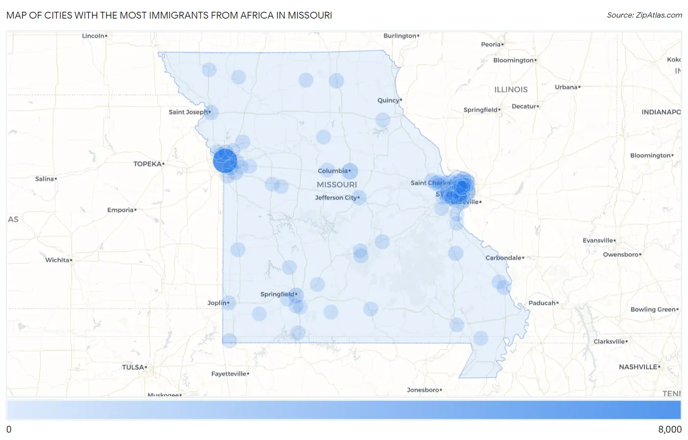 Cities with the Most Immigrants from Africa in Missouri Map