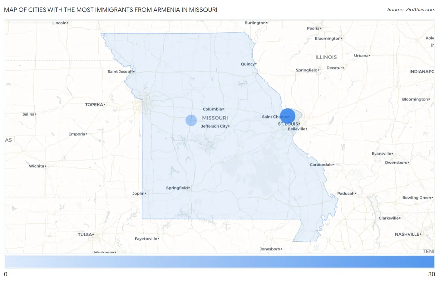Cities with the Most Immigrants from Armenia in Missouri Map