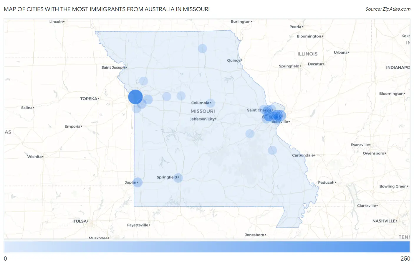 Cities with the Most Immigrants from Australia in Missouri Map