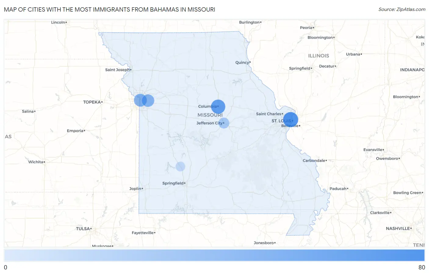 Cities with the Most Immigrants from Bahamas in Missouri Map