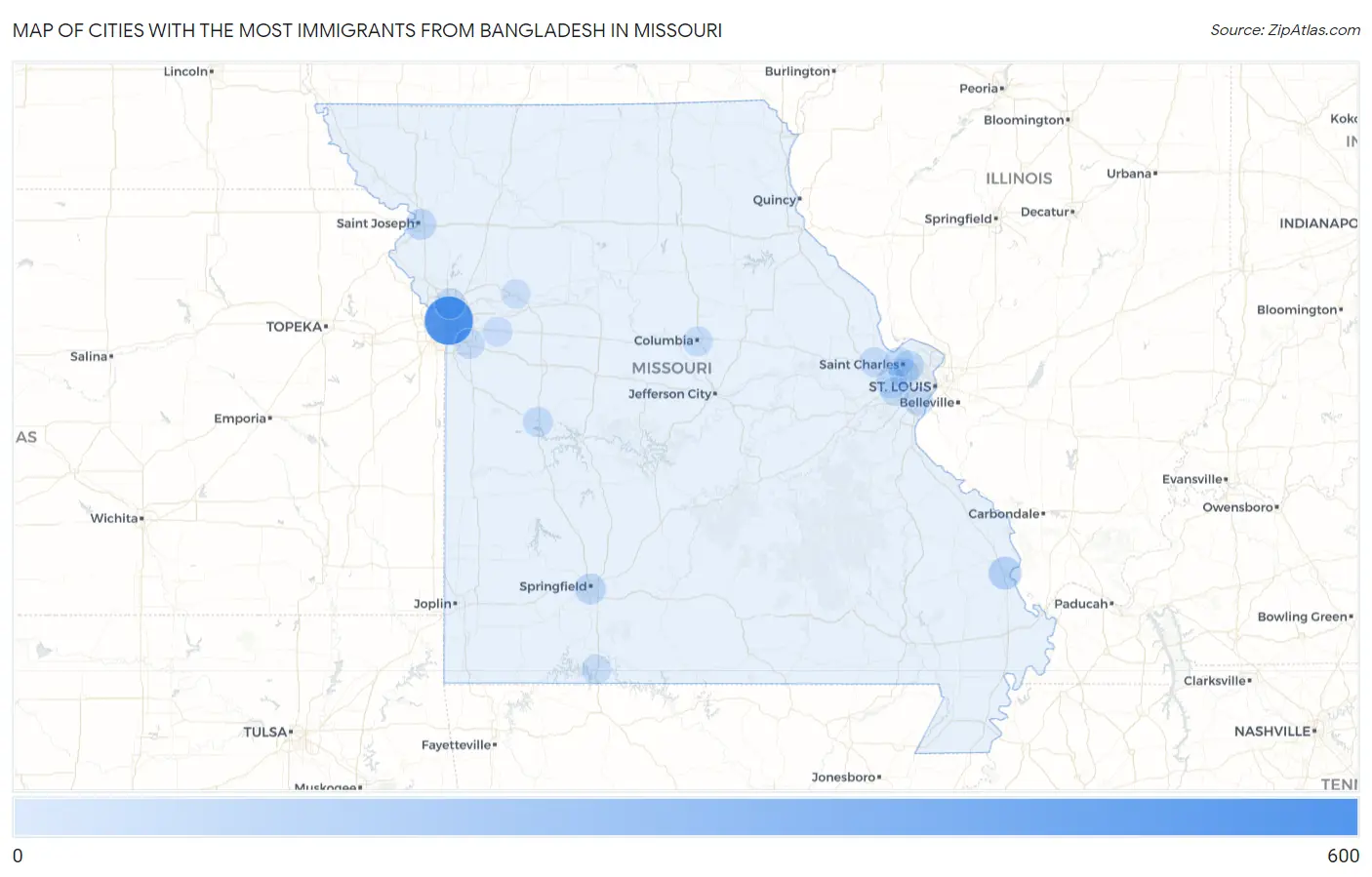 Cities with the Most Immigrants from Bangladesh in Missouri Map