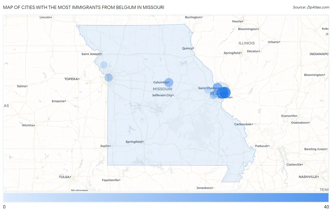 Cities with the Most Immigrants from Belgium in Missouri Map