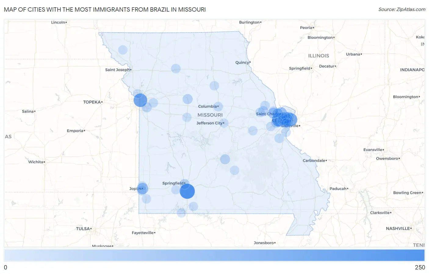 Cities with the Most Immigrants from Brazil in Missouri Map