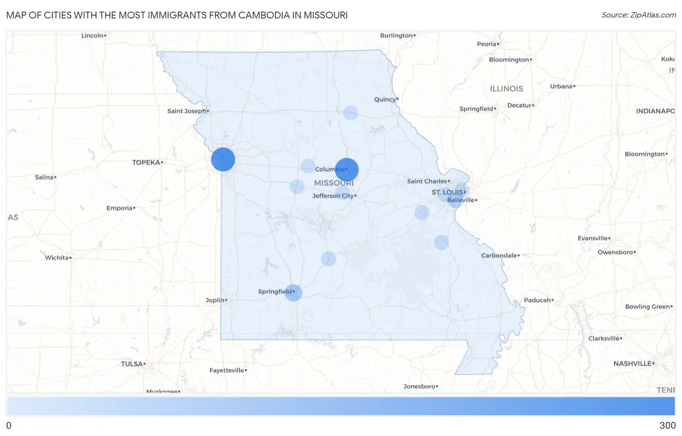 Cities with the Most Immigrants from Cambodia in Missouri Map