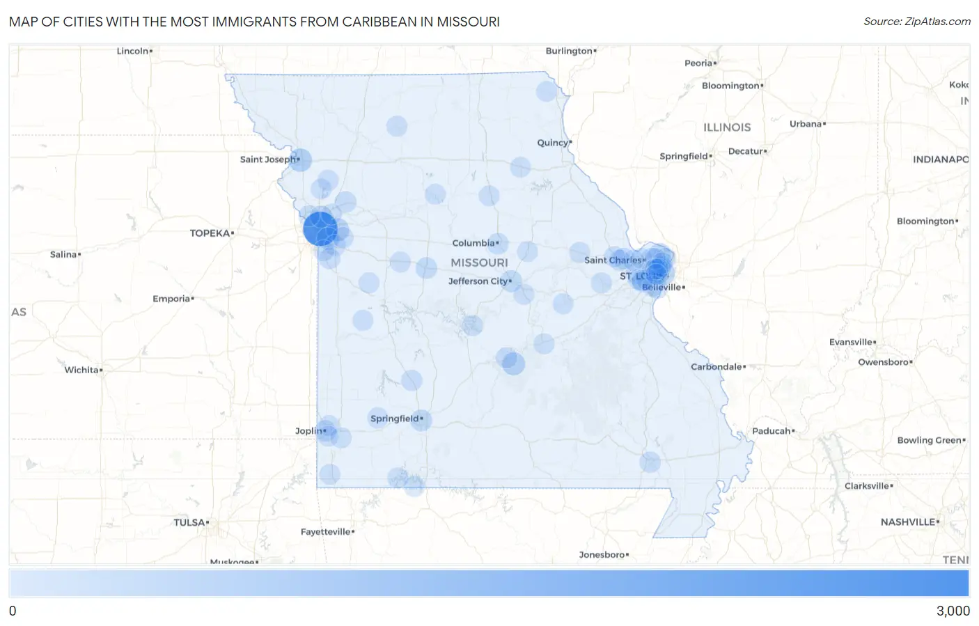 Cities with the Most Immigrants from Caribbean in Missouri Map