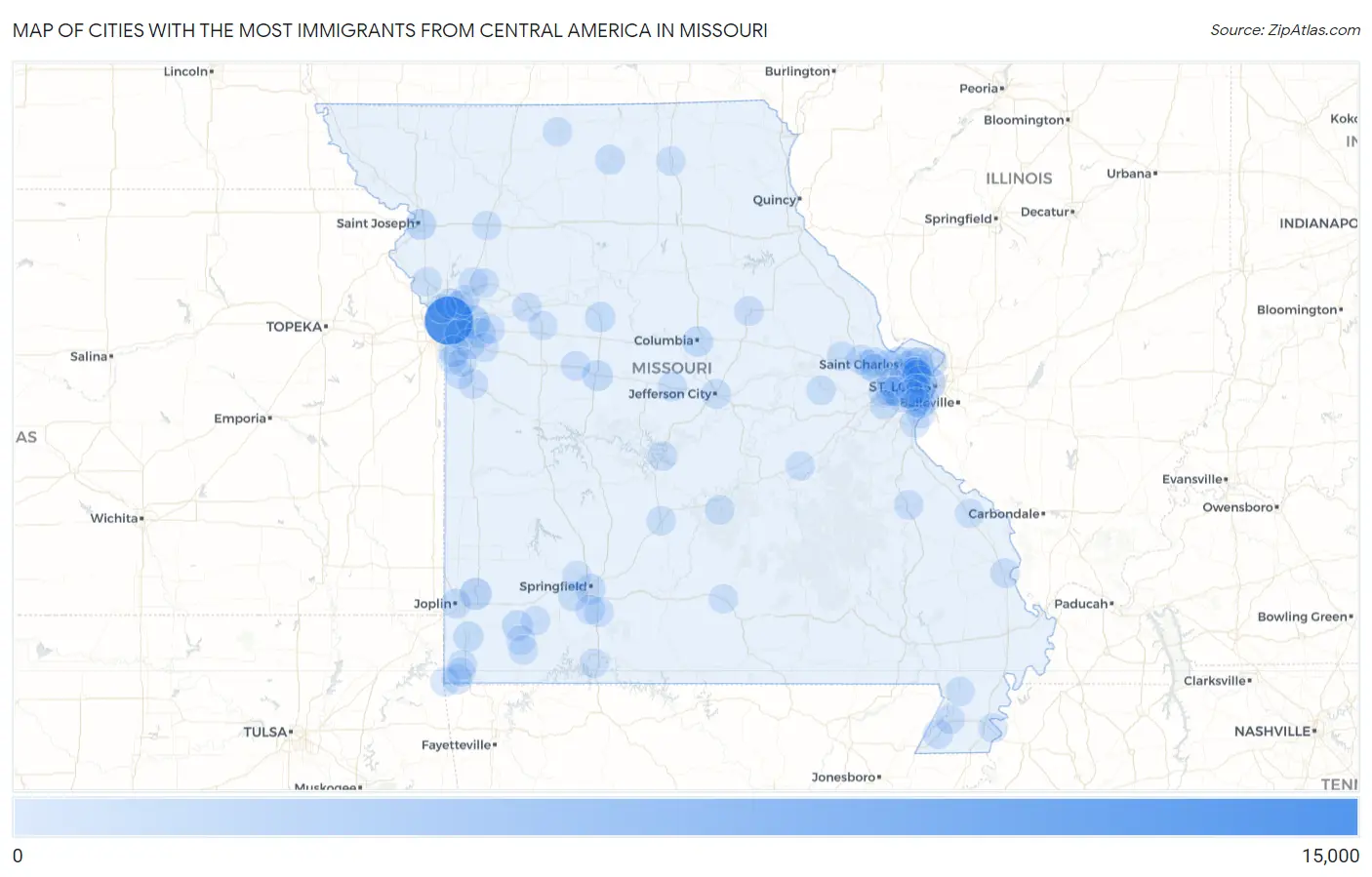 Cities with the Most Immigrants from Central America in Missouri Map