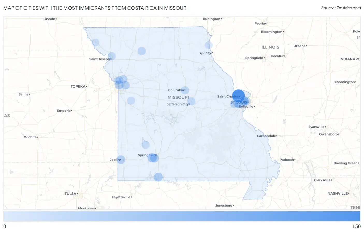 Cities with the Most Immigrants from Costa Rica in Missouri Map